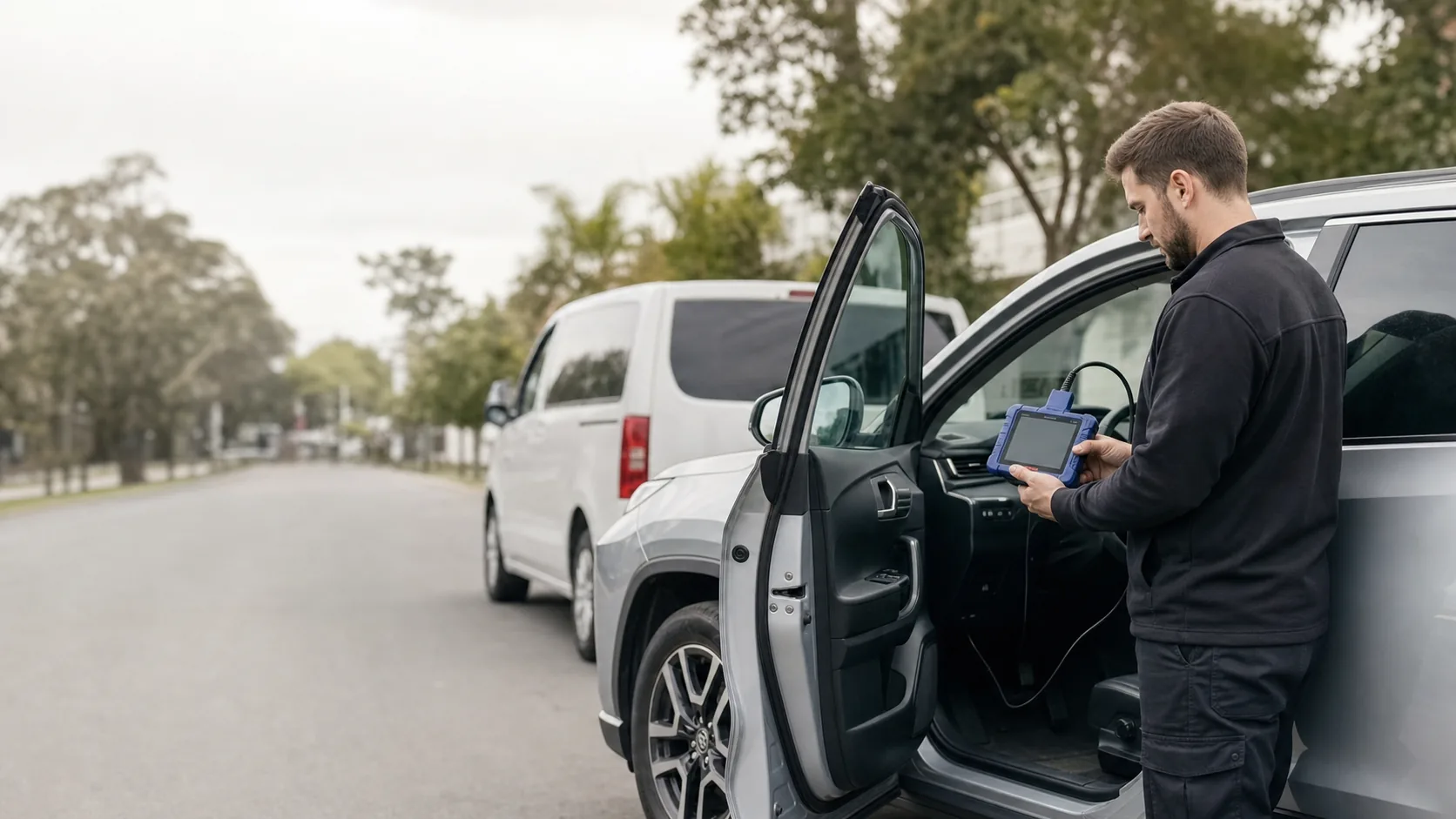 Automotive locksmith checking a vehicle during an authorised service
