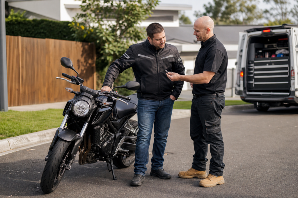 Motorcycle owner discussing a model-specific key cutting enquiry