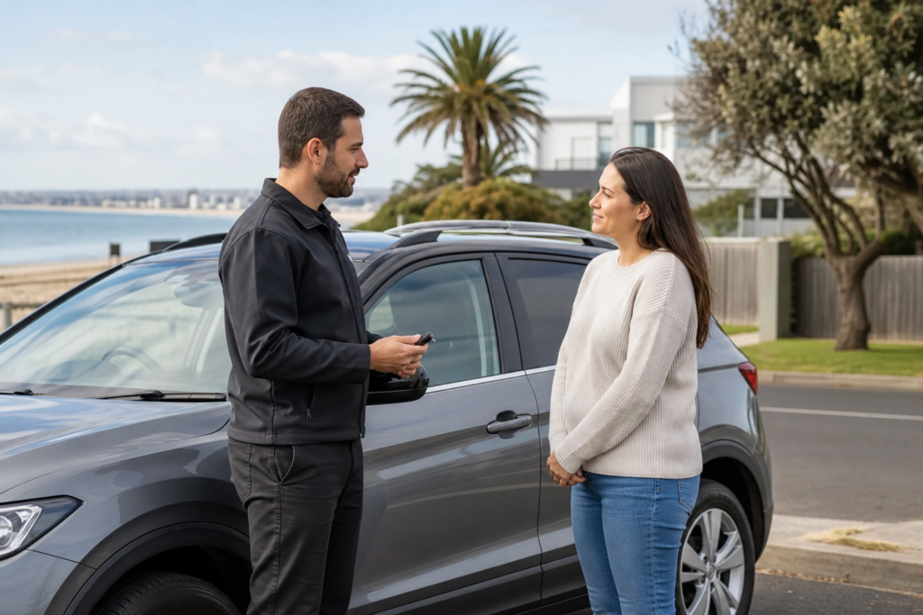 Vehicle owner discussing car key replacement with a mobile locksmith in Geelong