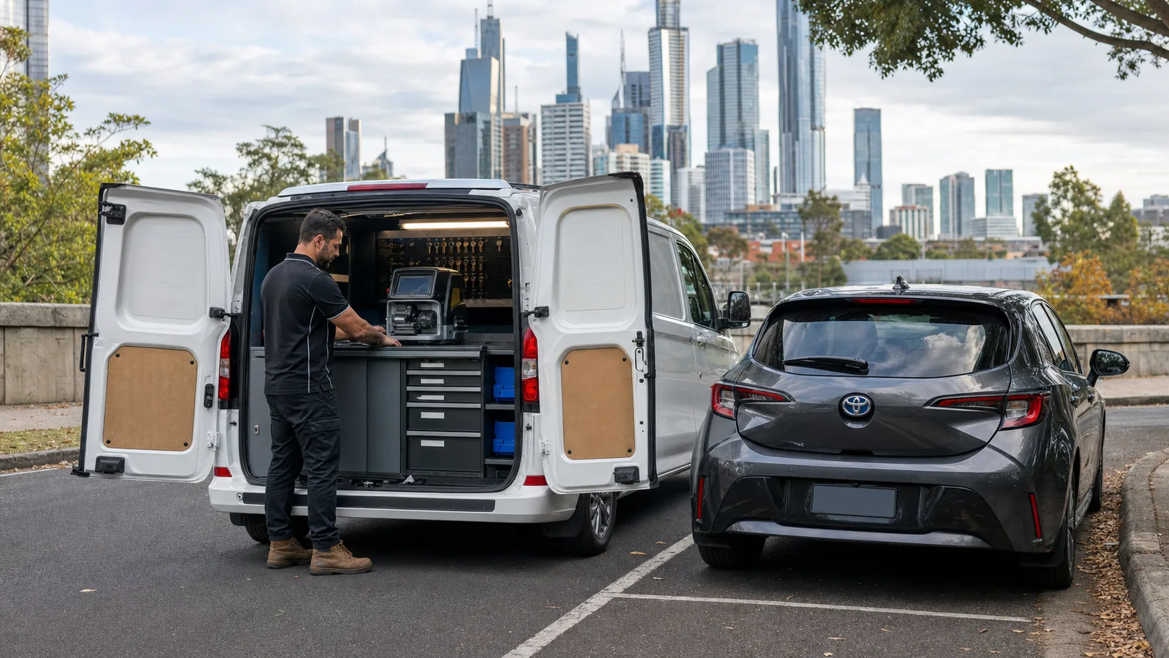 Mobile automotive locksmith service vehicle in Melbourne