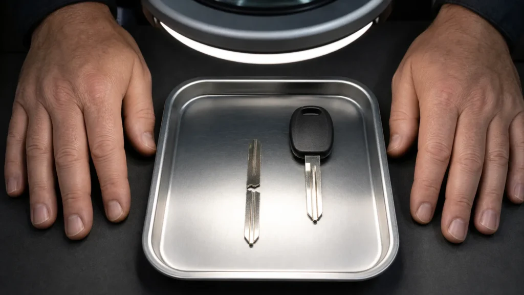 Broken car key blade and replacement blade being inspected