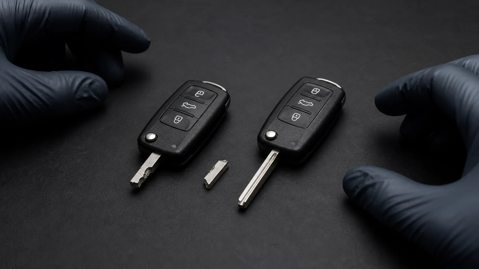 Broken car key and replacement remote key prepared by an automotive locksmith