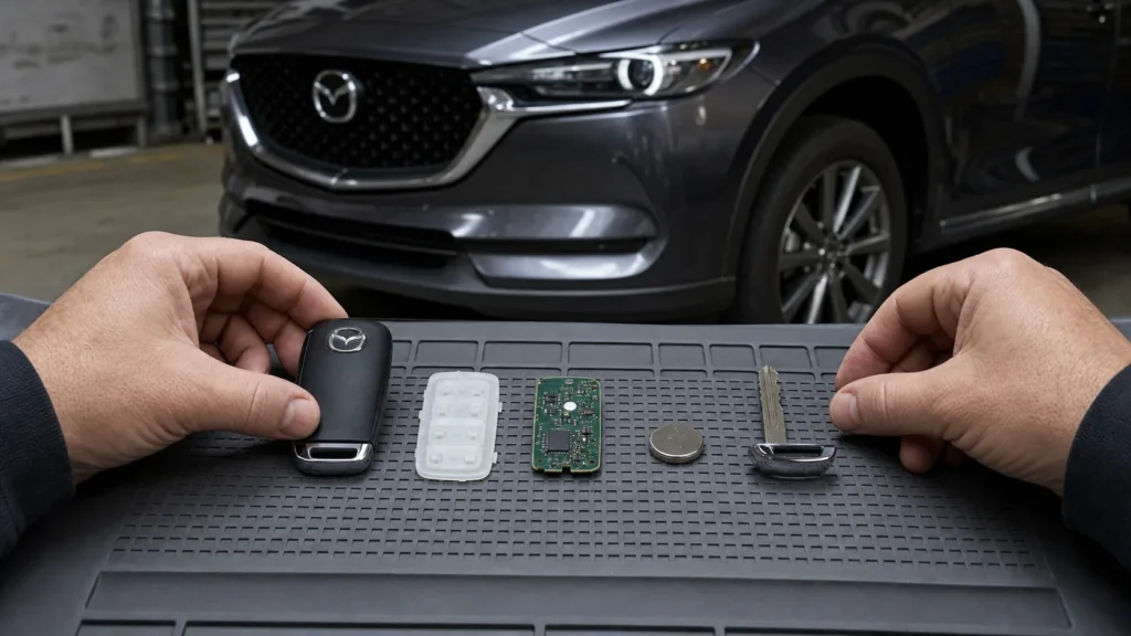 Car key fob components arranged for inspection
