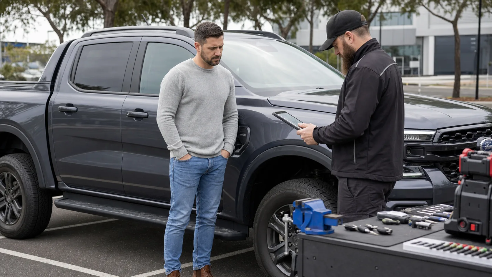 Mobile automotive locksmith discussing a lost car key replacement