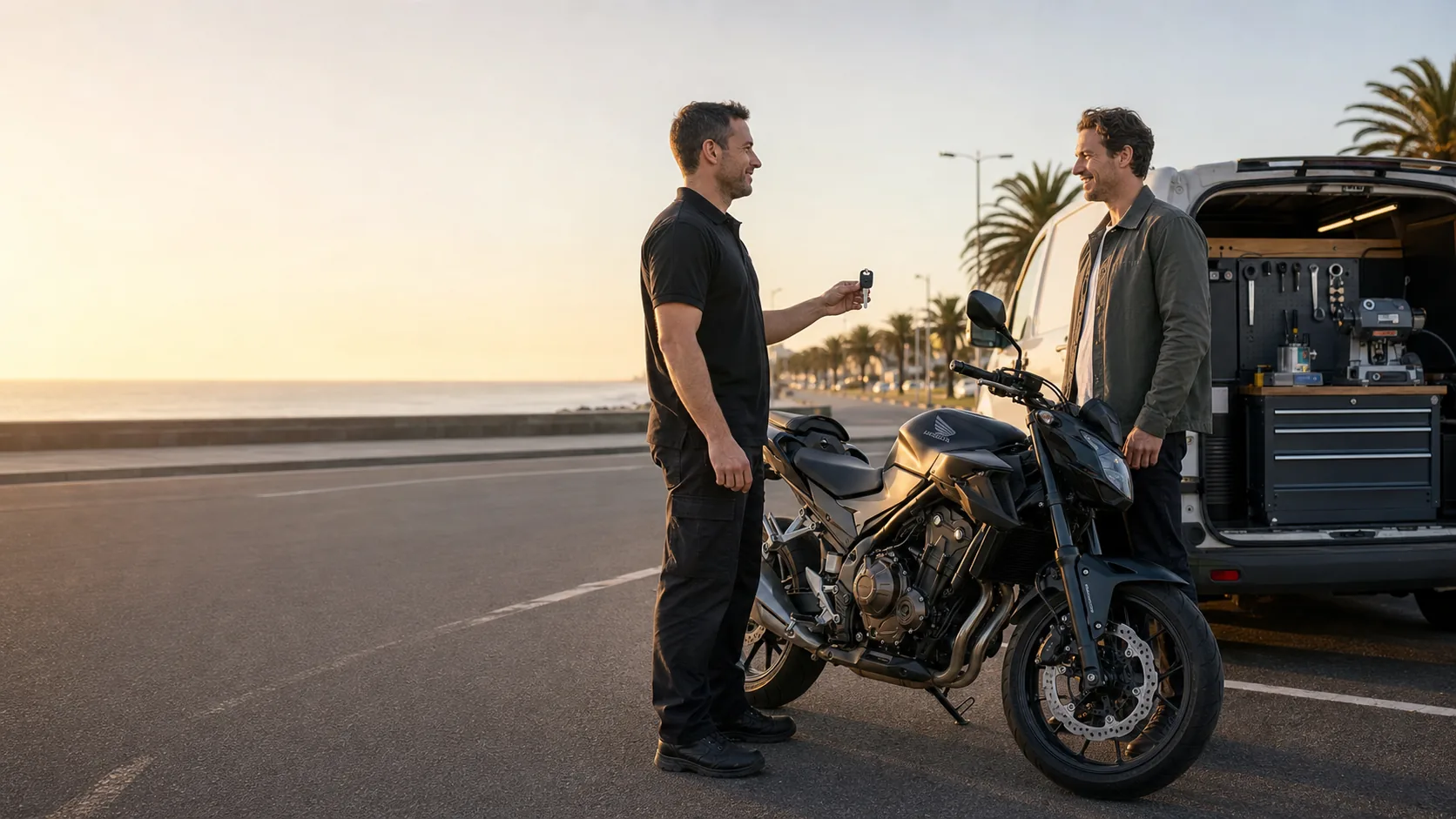 Motorcycle owner discussing a supported motorcycle key service
