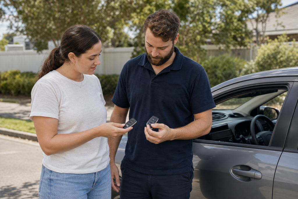 Vehicle owner comparing an electronic car key with a replacement key