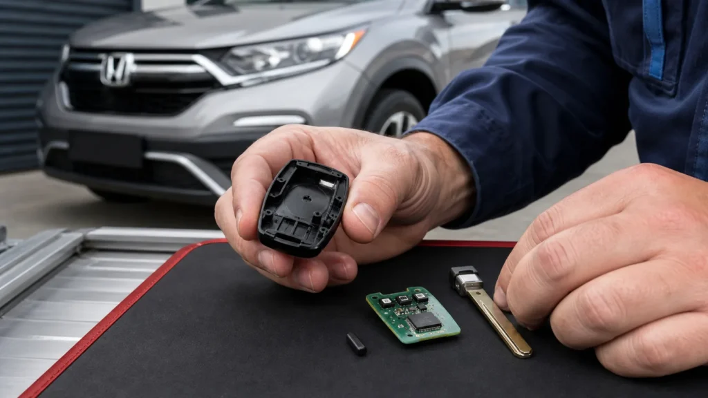 Transponder car key components being inspected